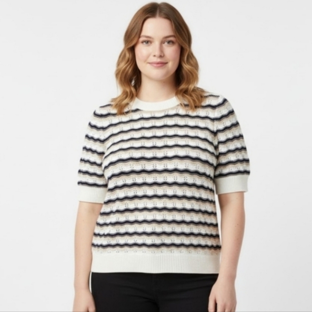 MARLED Womens Cotton Blend Knit Short Sleeve Retro Crochet Beige Black White XL